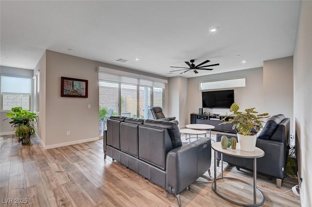 2651 Deep Canyon St, Henderson, NV 89044 - living area featuring a ceiling fan, light wood-style floors, and recessed lighting
