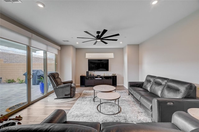 2651 Deep Canyon St, Henderson, NV 89044 - living room featuring light wood-style floors, a ceiling fan, recessed lighting, and french doors