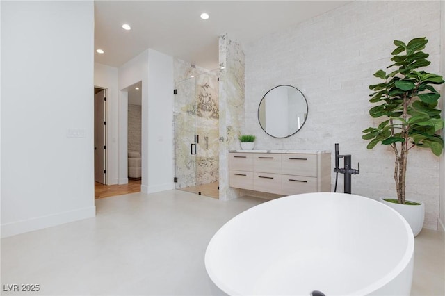 11926 Port Labelle Dr, Las Vegas, NV 89141 - full bath featuring vanity, a stall shower, a soaking tub, recessed lighting, and tile walls