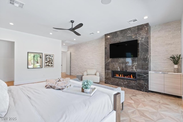 11926 Port Labelle Dr, Las Vegas, NV 89141 - bedroom featuring a fireplace, recessed lighting, tile walls, and ceiling fan