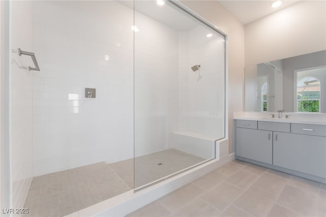 128 Los Cabos Dr Unit 301, Las Vegas, NV 89144 - full bathroom with a walk in shower, vanity, recessed lighting, and tile patterned flooring