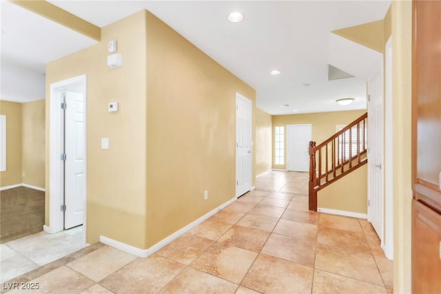 6558 Musette Ave, Las Vegas, NV 89139 - corridor featuring stairway, baseboards, light tile patterned floors, and recessed lighting