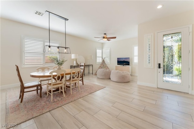8504 Mystic Night Ave, Las Vegas, NV 89143 - dining room with light wood-style flooring, baseboards, ceiling fan, and recessed lighting