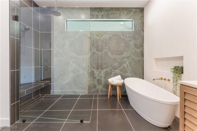 8504 Mystic Night Ave, Las Vegas, NV 89143 - bathroom with walk in shower, healthy amount of natural light, a soaking tub, and vanity