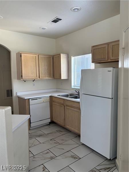 9000 Las Vegas Blvd Unit 2189, Las Vegas, NV 89123 - kitchen with white appliances, a sink, light marble finish flooring, light countertops, and recessed lighting
