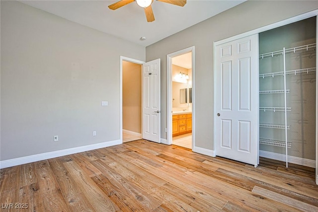 213 Villa Borghese St, Las Vegas, NV 89138 - unfurnished bedroom with light wood-type flooring, baseboards, a closet, ceiling fan, and ensuite bath