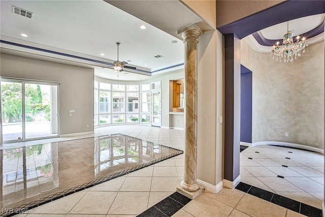 213 Villa Borghese St, Las Vegas, NV 89138 - corridor with a tray ceiling, inlaid floor details, baseboards, recessed lighting, and tile patterned flooring