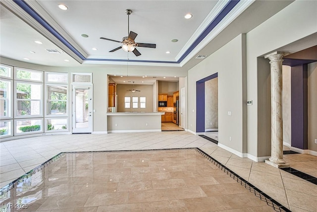 213 Villa Borghese St, Las Vegas, NV 89138 - unfurnished living room featuring decorative columns, light tile patterned floors, a ceiling fan, crown molding, and recessed lighting