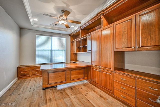 213 Villa Borghese St, Las Vegas, NV 89138 - unfurnished office with built in study area, a raised ceiling, light wood-type flooring, crown molding, and a ceiling fan