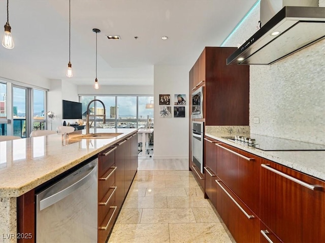 4471 Dean Martin Dr Unit 1109, Las Vegas, NV 89103 - kitchen with appliances with stainless steel finishes, ventilation hood, modern cabinets, a sink, and hanging light fixtures