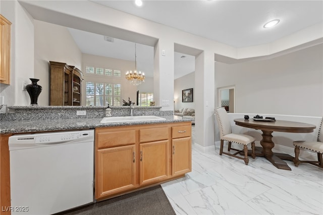 1912 Summer Pine Ct Unit 102, Las Vegas, NV 89134 - kitchen with dishwasher, a sink, a chandelier, light marble finish floors, and recessed lighting