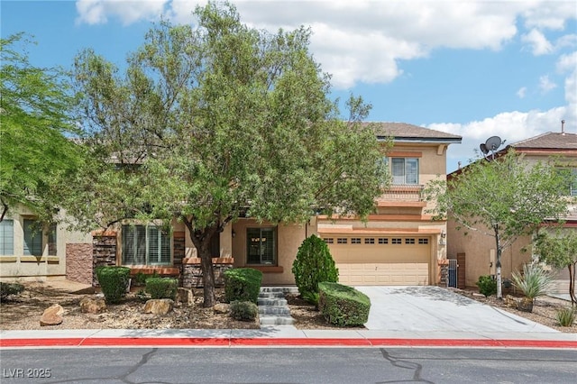8224 Fowler Falls Ct, North Las Vegas, NV 89085 - view of property hidden behind natural elements with stucco siding, driveway, and an attached garage
