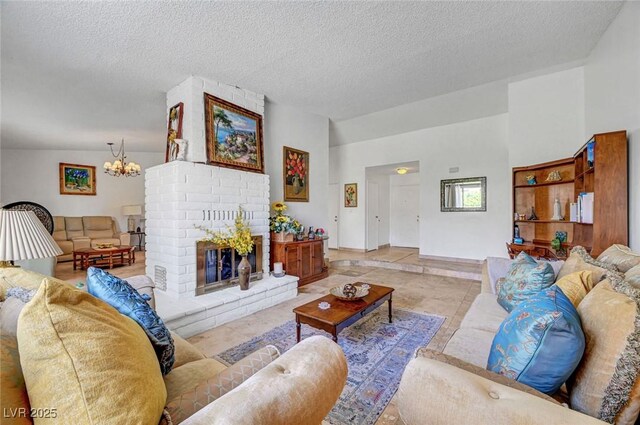 872 N Linn Ln, Las Vegas, NV 89110 - living room featuring a textured ceiling, light tile patterned floors, a brick fireplace, a chandelier, and a high ceiling