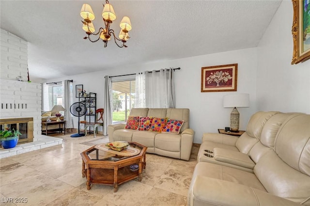 872 N Linn Ln, Las Vegas, NV 89110 - living room with a chandelier, a textured ceiling, and a fireplace