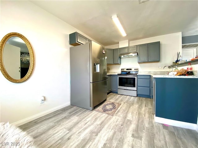 4682 Leeann Ln, Las Vegas, NV 89121 - kitchen with stainless steel appliances, under cabinet range hood, light wood-style floors, light countertops, and baseboards