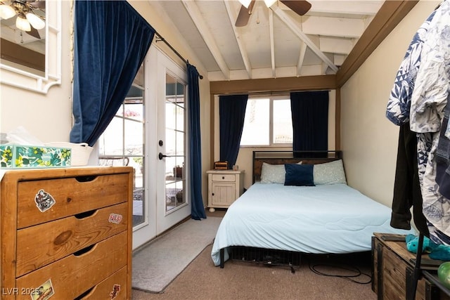 3236 Manzanita Ln, Laughlin, NV 89029 - bedroom featuring access to outside, light colored carpet, and ceiling fan