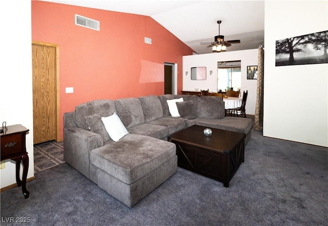3236 Manzanita Ln, Laughlin, NV 89029 - living area with lofted ceiling, ceiling fan, and carpet flooring