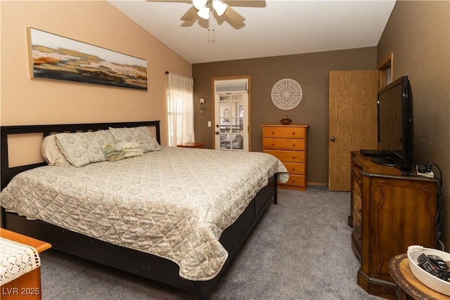 3236 Manzanita Ln, Laughlin, NV 89029 - bedroom with light carpet, vaulted ceiling, and ceiling fan