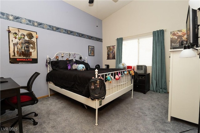 3236 Manzanita Ln, Laughlin, NV 89029 - bedroom with carpet flooring, high vaulted ceiling, and a ceiling fan