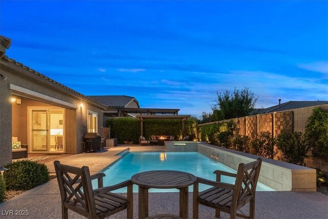6192 Lautman Ridge Ct, Las Vegas, NV 89141 - pool at dusk featuring a pergola, a fenced backyard, and a patio