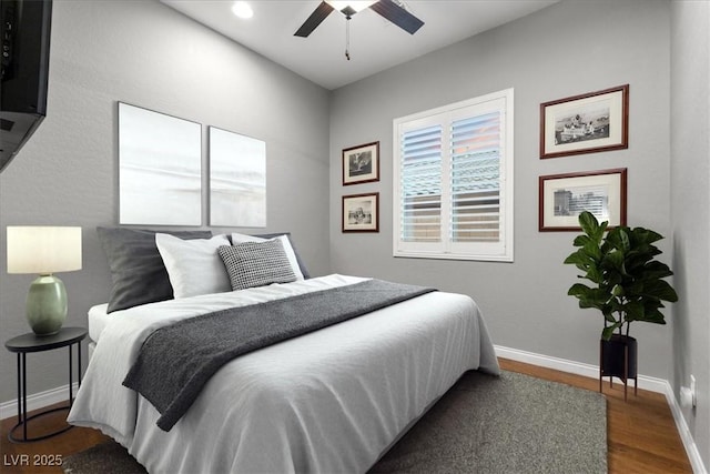 6192 Lautman Ridge Ct, Las Vegas, NV 89141 - bedroom with dark wood-type flooring, baseboards, recessed lighting, and a ceiling fan