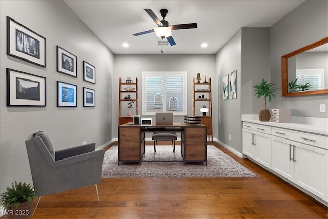 6192 Lautman Ridge Ct, Las Vegas, NV 89141 - office featuring dark wood finished floors, ceiling fan, recessed lighting, and baseboards
