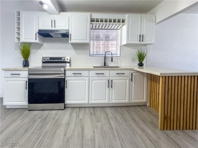 1608 E Mcdonald Ave, North Las Vegas, NV 89030 - kitchen featuring stainless steel range with electric cooktop, a sink, under cabinet range hood, white cabinets, and light countertops
