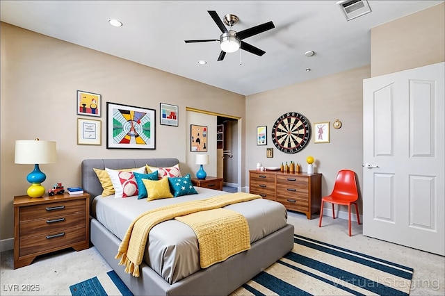 8113 Gothic Ave, Las Vegas, NV 89117 - bedroom with baseboards, recessed lighting, ceiling fan, and light carpet