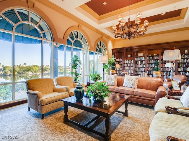 4311 Fiore Bella Blvd, Las Vegas, NV 89135 - common area featuring a high ceiling, crown molding, coffered ceiling, and a water view