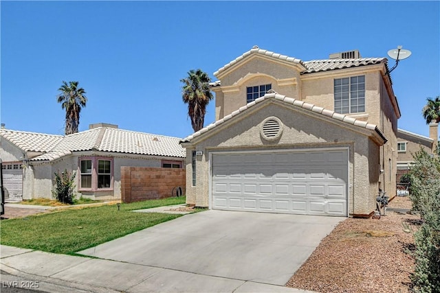 6058 Grape Blossom Ave, Las Vegas, NV 89142 - view of front of home with concrete driveway, a tiled roof, stucco siding, and a garage