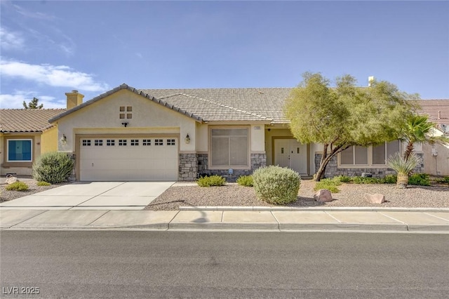 1408 Reebok Ter, Henderson, NV 89014 - view of front of house featuring stucco siding, stone siding, a garage, and a tile roof