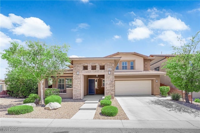 5542 Oak Bend Dr, Las Vegas, NV 89135 - view of front facade featuring an attached garage, concrete driveway, stucco siding, and stone siding