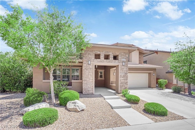 5542 Oak Bend Dr, Las Vegas, NV 89135 - view of front facade featuring stucco siding, stone siding, a garage, and concrete driveway