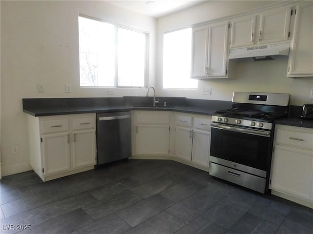 11173 Hickory Glen St, Las Vegas, NV 89179 - kitchen with stainless steel appliances, under cabinet range hood, a sink, dark countertops, and plenty of natural light