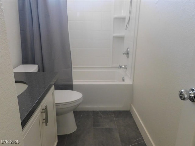 11173 Hickory Glen St, Las Vegas, NV 89179 - bathroom with toilet, vanity, shower / bathtub combination with curtain, baseboards, and tile patterned floors