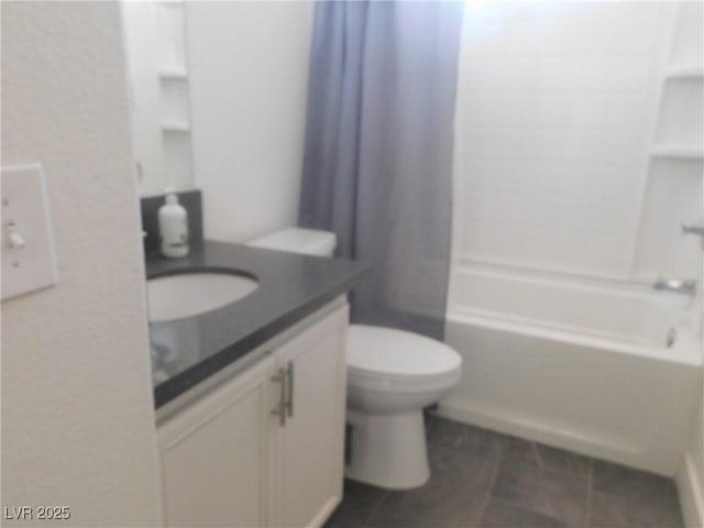 11173 Hickory Glen St, Las Vegas, NV 89179 - bathroom with vanity, shower / bathtub combination with curtain, toilet, and tile patterned floors