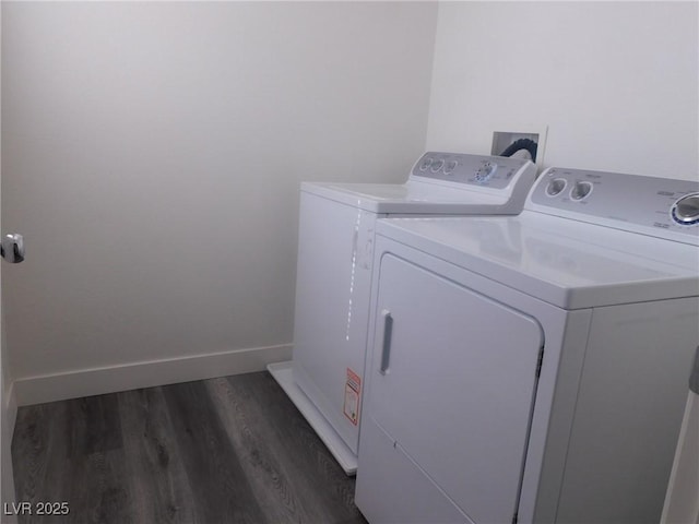 11173 Hickory Glen St, Las Vegas, NV 89179 - laundry area with washing machine and dryer, dark wood finished floors, and baseboards