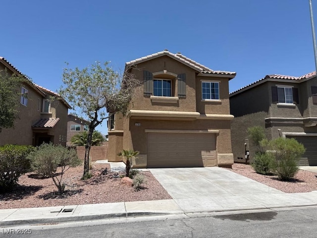 3736 Gallowtree Ave, North Las Vegas, NV 89081 - view of front of house featuring stucco siding, a garage, concrete driveway, and a tiled roof