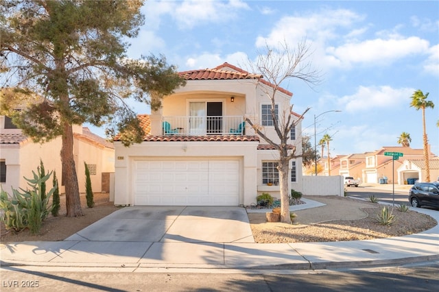 2789 Trotwood Ln, Las Vegas, NV 89108 - mediterranean / spanish house with a tiled roof, stucco siding, driveway, a balcony, and an attached garage