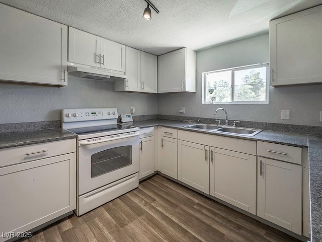 2713 Valley St, Las Vegas, NV 89101 - kitchen featuring white electric range oven, under cabinet range hood, a sink, a textured ceiling, and dark wood-type flooring
