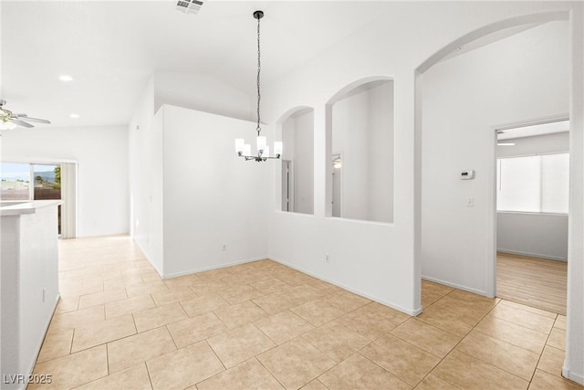 5112 Foggia Ave, Las Vegas, NV 89130 - unfurnished room featuring a chandelier, ceiling fan, light tile patterned floors, recessed lighting, and vaulted ceiling