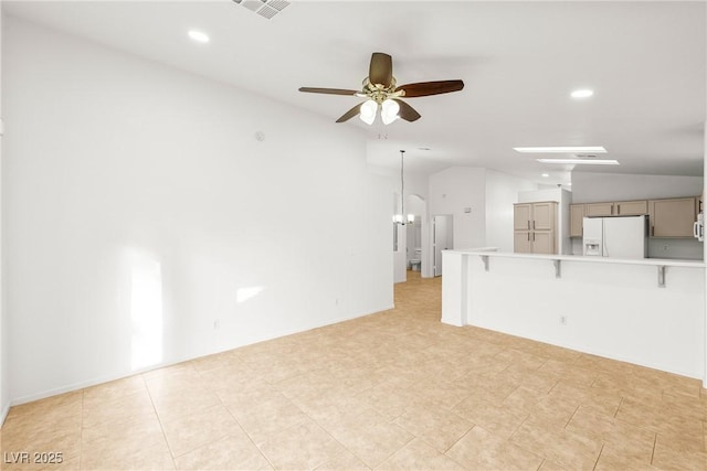 5112 Foggia Ave, Las Vegas, NV 89130 - unfurnished living room with lofted ceiling, a ceiling fan, recessed lighting, and light tile patterned floors