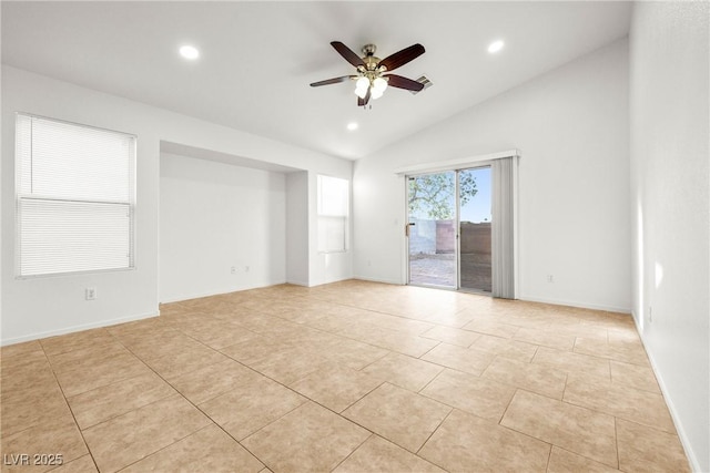 5112 Foggia Ave, Las Vegas, NV 89130 - empty room featuring ceiling fan, vaulted ceiling, recessed lighting, light tile patterned floors, and baseboards