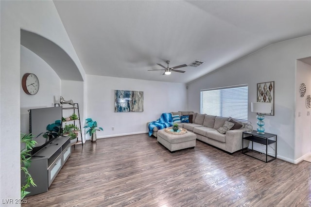 8567 Little Fox St, Las Vegas, NV 89123 - living area featuring lofted ceiling, wood finished floors, and a ceiling fan