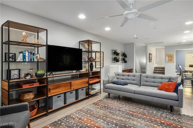 51 Morning Mimosa Ct, Henderson, NV 89012 - living room with wood finished floors, recessed lighting, stairway, and a ceiling fan