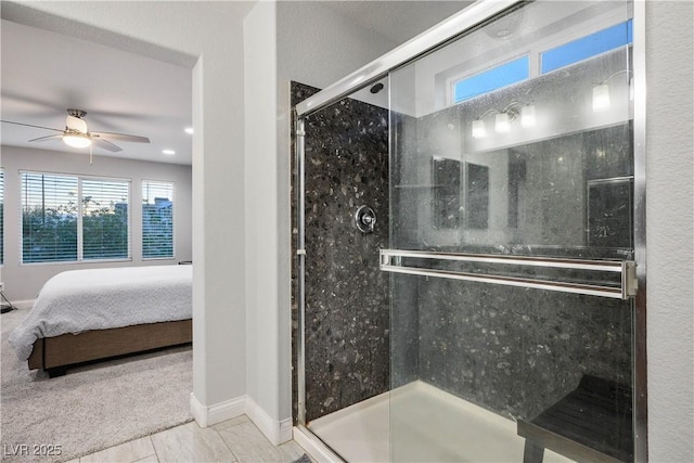51 Morning Mimosa Ct, Henderson, NV 89012 - bathroom with ensuite bath, ceiling fan, a shower stall, baseboards, and recessed lighting