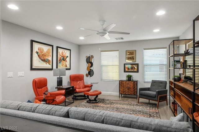 51 Morning Mimosa Ct, Henderson, NV 89012 - living room featuring wood finished floors, baseboards, recessed lighting, and ceiling fan