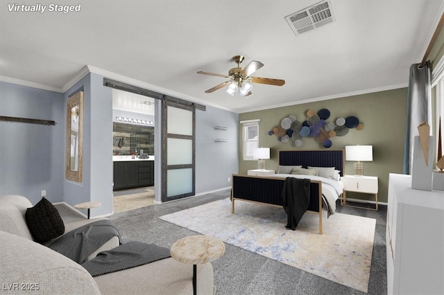 1306 Big Tree Ave, North Las Vegas, NV 89031 - bedroom with carpet flooring, crown molding, baseboards, a barn door, and multiple windows