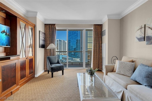 135 E Harmon Ave Unit 1621, Las Vegas, NV 89109 - living area featuring light carpet, crown molding, and baseboards