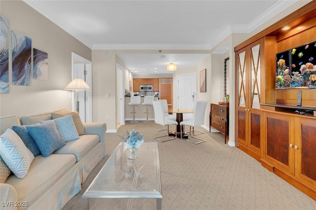 135 E Harmon Ave Unit 1621, Las Vegas, NV 89109 - living room with light colored carpet, crown molding, and baseboards